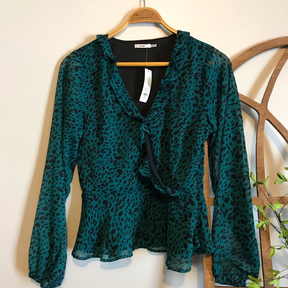 Printed Ruffle Surplice Puff Sleeve Peplum Top